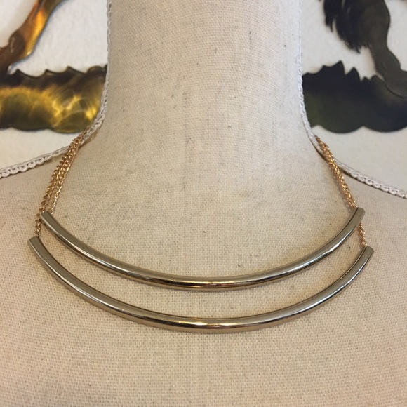 Gold tone double bar on chain necklace - Picture 1 of 7